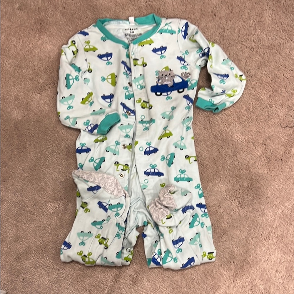 Carter's Blue and Green Footies with Playful Dinosaur and Vehicle Print